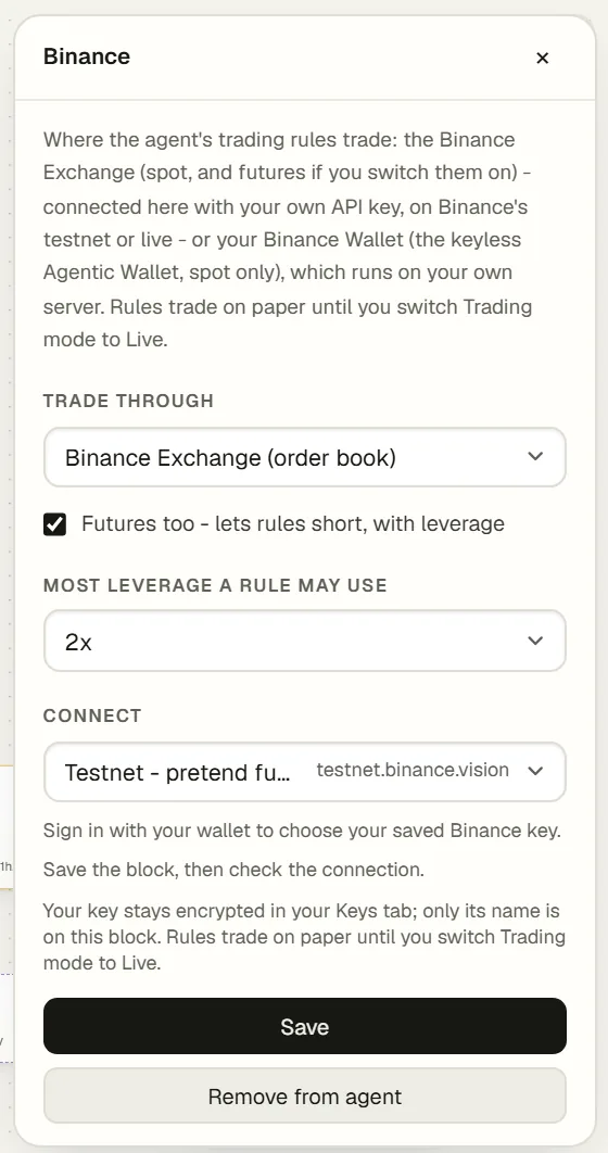 The Binance block with its Connect section