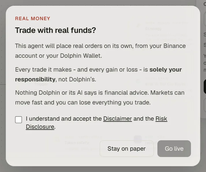 The real-money notice shown before going Live